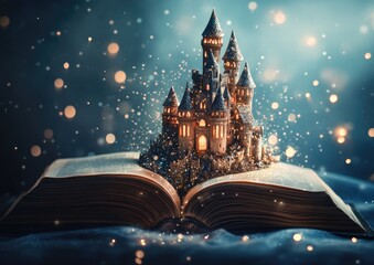 Naklejka premium A fairytale castle emerges from the pages of an open book, surrounded by a magical glow.