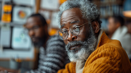 Obraz premium Gray-haired dark-skinned professor in a wool sweater during classes. Close-up. Space for text.