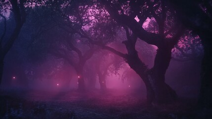 Silhouetted Trees in a Purple Foggy Forest