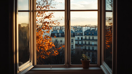 Fenêtre ouverte, vue sur la ville