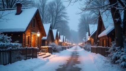 Fototapeta premium Generative AI, a snowy street with a few houses and a bench in the middle of it and a light on the side of the road, winter, a matte painting, naive art 