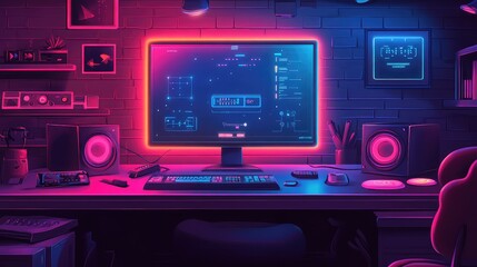 Vibrant Cartoon Illustration of Vintage Console with Interface on Monitor, Neon Lights, Joystick Controller, and Buttons