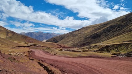 A scenic landscape featuring a winding dirt road through rolling hills with shades of brown and green.