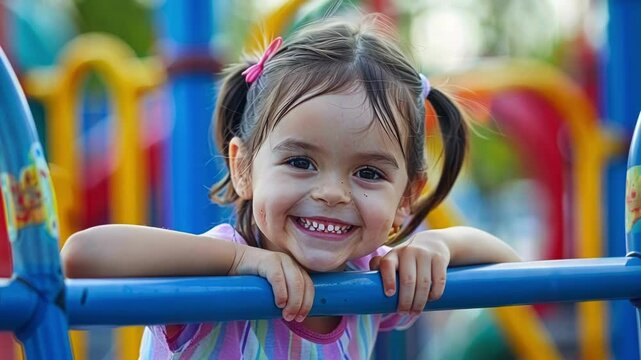 Young girl is leaning on a blue monkey bar and smiling broadly, showcasing the simple joys of childhood and outdoor play