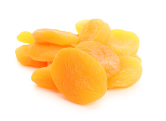 Tasty dried apricots on white background