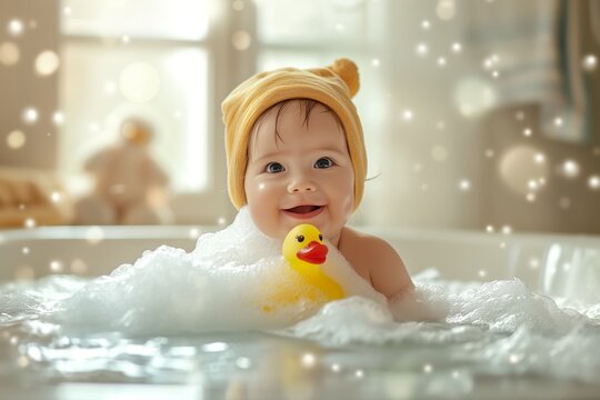 Adorable baby in a bubble bath with rubber duck. Ideal for promoting childcare products, parenting content, and joyful household moments. Bright and heartwarming atmosphere.