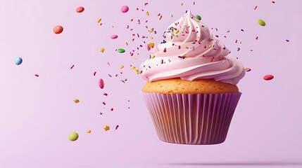 A vibrant cupcake with pink frosting is suspended in the air, surrounded by colorful sprinkles against a soft purple background.