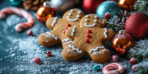 A delightful Christmas-themed image featuring two smiling gingerbread cookies surrounded by holiday decorations. 