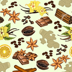 Pattern of spices on a colored background.A set of spices on a colored background in a vector seamless pattern.