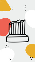 A black and white hand-drawn illustration of a toothbrush icon, surrounded by colorful abstract shapes like red, yellow, and white with small dotted elements.