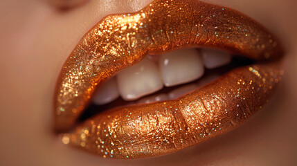 Close-up of shimmering gold lips with glossy texture
