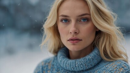 Fototapeta premium Blonde woman in light blue cardigan with winter setting