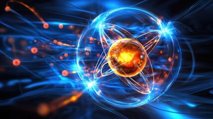 Obraz premium A stylized, abstract depiction of an atom with a glowing nucleus and orbiting electrons, rendered in a vibrant blue and orange color scheme against a dark background.