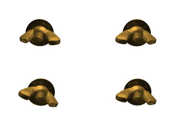 Brass nuts with screw handle on screws. On isolated transparent background.