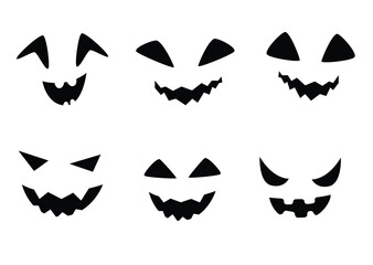 Halloween Character black silhouette face icons. Pumpkin face sign emotions. Jack O lantern pictogram isolated on white, transparent background. Vector Icon shape, simple symbol.
