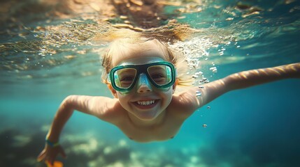 Naklejka premium A cheerful, happy child swims underwater in armbands, underwater photography 