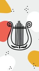 an abstract illustration of a lyre, the ancient musical instrument, set against a contemporary backdrop with colorful shapes and tiny dots.