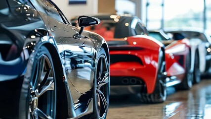 Explore an impressive collection of luxury sports cars displayed at a dealership, highlighting their elegant lines and vivid colors under afternoon light