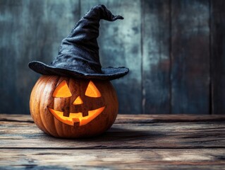 Halloween pumpkin with witches hat on wooden table
