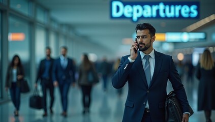 Middle Aged Latino Businessman Walking Through Airport