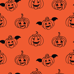 Halloween Pumpkins simple orange and black seamless pattern. Cute pumpkins October fall festive background for wallpaper, wrap, and textile texture print.
