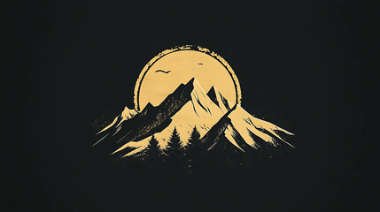 Fototapeta premium A silhouette of mountains with a large circle behind them on a black background.