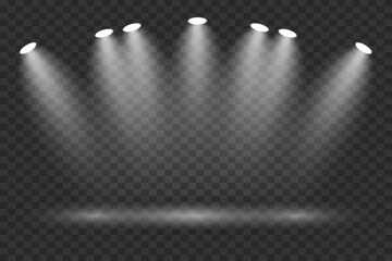 Light spotlights on a transparent background. Stage lighting effect.