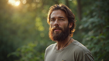 Fototapeta premium Portrait of outdoors man, portrait of a handsome man, naturally beautiful man, rugged outdoorsy man