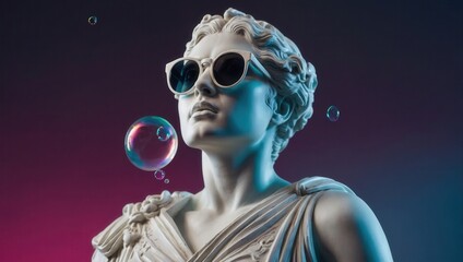 Naklejka premium Classical statue with sunglasses and floating bubbles