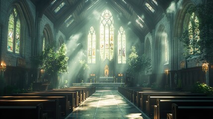 A Sunbeam Illuminates the Interior of a Gothic Cathedral