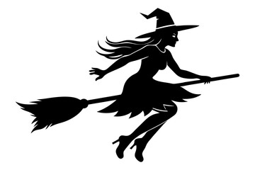 Fototapeta premium Halloween witch flying on broom. Color and black white vector illustration for coloring book with example in color
