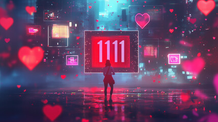Obraz premium Vibrant digital celebration of Single's Day on 11.11 with glowing hearts and neon numbers