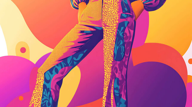 Colorful abstract art featuring a person wearing patterned pants standing in front of a vibrant background.