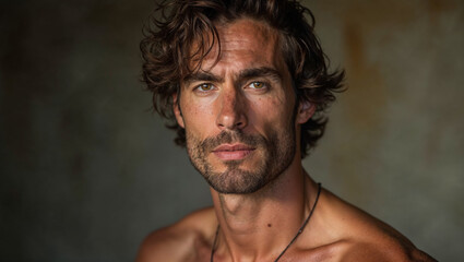 Obraz premium Portrait of a handsome man, naturally beautiful man, man with long hair and beard