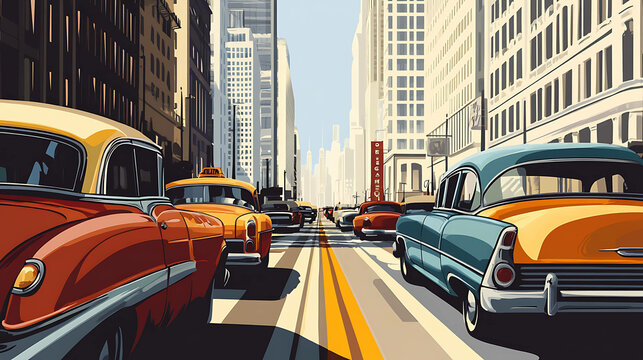 Fototapeta Vintage illustration of classic cars driving down a city street in New York City.