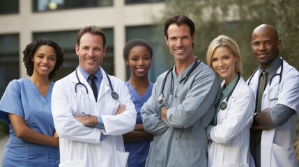 Fototapeta premium Diverse group of medical professionals standing outside hospital