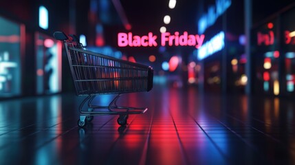 Empty shopping cart on illuminated street with Black Friday neon sign