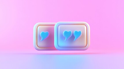 3D render of two white square icons with quotation marks and hearts on a pink gradient background.