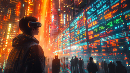 Fototapeta premium Person with VR headset in futuristic digital cityscape 