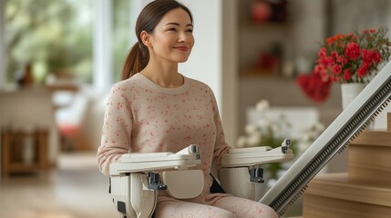 Female smiling while sitting on stairlift at home with blooming flowers, mobility assistance concept for healthcare and accessibility solutions