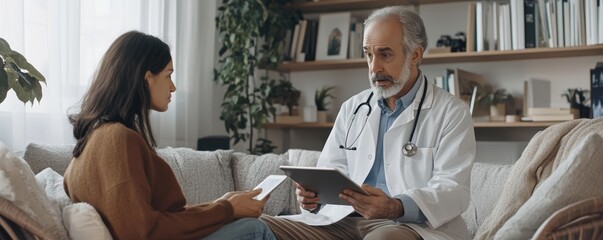 Elderly male doctor consulting with female patient at home, using digital tablet