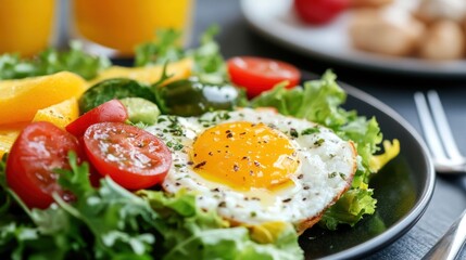 Healthy breakfast plate with fried egg, cherry tomatoes, and salad