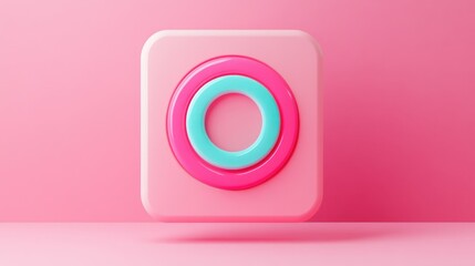 A pink square with a turquoise and pink concentric circle design.
