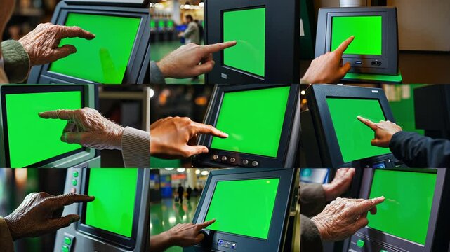 3x3 Collage grid of a diverse group of voters hands as they operate an electronic voting machine with a touch screen during an election where each screen is a chroma key green screen.