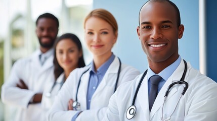 Fototapeta premium Multicultural medical team standing confidently in hospital corridor