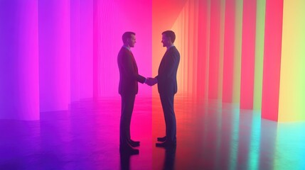 Two businessmen shaking hands in a brightly lit room, representing a new deal or partnership.
