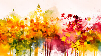 Abstract drawing illustration of red yellow orange and green colors leaves and trees in fall season. Art watercolor painting colorful autumn background. 