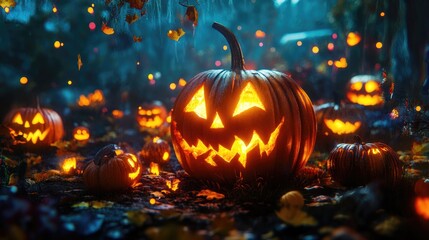 Fototapeta premium Autumn festival with illuminated carved pumpkins and jack o lanterns