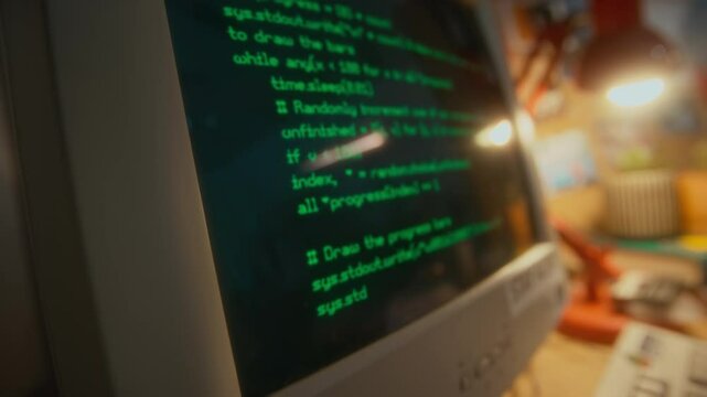 No people close-up of green programming code running autonomously on black screen on outdated retro computer monitor indoors
