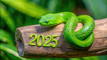 Obraz premium A vibrant green wooden snake coils on a log inscribed with 2025 amidst lush greenery in a natural setting